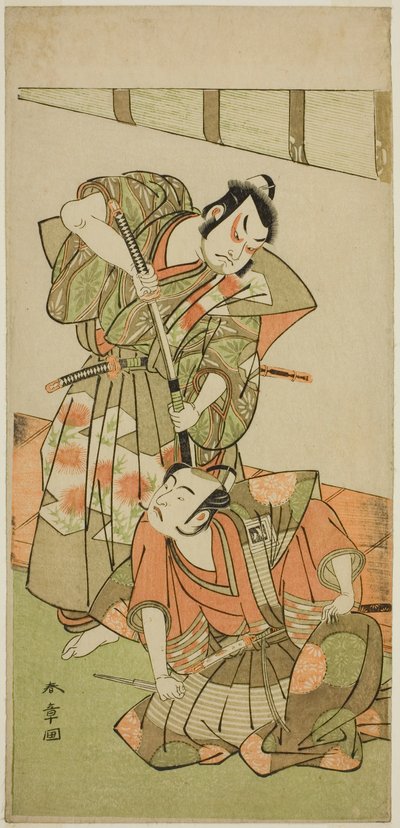 The Actors Ichikawa Yaozo II as Konoshita Hyokichi (?) (right), and Sakata Hangoro II as Matsunaga Daizen Hisahide (?) (left), in the Play Gion Sairei Shinko Ki (?), Perfomred at the Ichimura Theater (?) in the Fifth Month, 1775 (?) 作： Katsukawa Shunsho