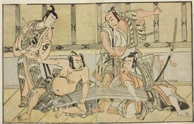 The Actors Ichikawa Yaozo II as Kujaku no Saburo, Matsumoto Koshiro II as Hata no Daizen Taketora, Nakajima Mihoemon II as Aramaki Mimishiro, and Nakamura Shocho I as Ki no Tsurayuki (right to left), in the Play Kuni no Hana Ono no Itsumoji, Performed at t 作： Katsukawa Shunsho