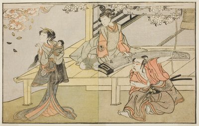 The Actors Ichikawa Yaozo II as Yoshimine no Munesada (right), Yoshizawa Sakinosuke III as Shizuya (center), and Nakamura Matsue I as Sakuragi (left), in the Play Kuni no Hana Ono no Itsumoji, Performed at the Nakamura Theater in the Eleventh Month, 1771 作： Katsukawa Shunsho