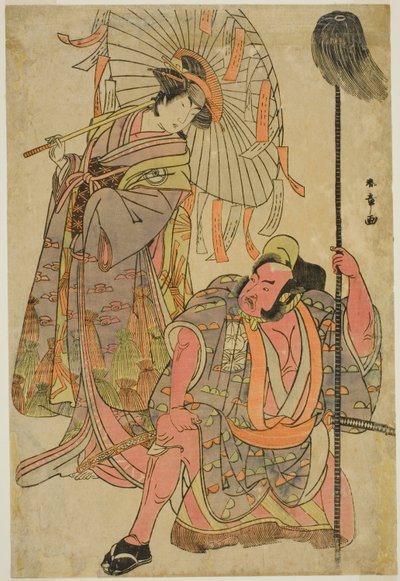 The Actors Ichimura Uzaemon IX as Hata no Daizen Taketora Disguised as the Yakko Matahei (right), and Iwai Hanshiro IV as Umegae Disguised as the Poem-Diviner Omatsu (left), in the Play Mukashi Otoko Yuki no Hinagata, Performed at the Ichimura Theater in t 作： Katsukawa Shunsho