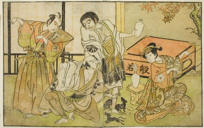 The Actors Iwai Hanshiro IV as Otatsu-gitsune, Nakamura Nakazo I as Raigo Ajari, Sakata Tojuro III as Kamada Gon-no-kami Masayori, and Ichikawa Yaozo II as Sakon-gitsune (right to left), in the play "Nue no Mori Ichiyo no Mato," performed at the Nakamura T 作： Katsukawa Shunsho