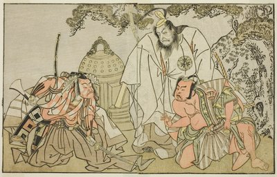The Actors Nakajima Mihoemon II as Aramaki Mimishiro (right), Matsumoto Koshiro II as Otomo no Yamanushi (center), and Ichikawa Danzo III as Hannya no Goro (left), in the Play Kuni no Hana Ono no Itsumoji, Performed at the Nakamura Theater in the Eleventh 作： Katsukawa Shunsho