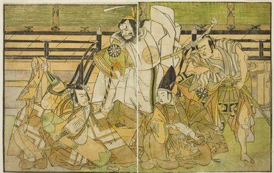 The Actors Nakamura Denkuro II as Seno-o Taro, Ichikawa Komazo II as Yorimasa, Nakamura Nakazo I as Taira no Kiyomori, and Ichikawa Danjuro V as Kiou Takiguchi (right to left), in the Play Nue no Mori Ichiyo no Mato, Performed at the Nakamura Theater in th 作： Katsukawa Shunsho