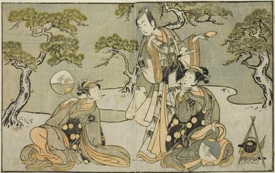 The Actors Nakamura Nakazo I as Matsukaze (right), Ichikawa Komazo II as Ariwara no Yukihira (center), and Iwai Hanshiro IV as Murasame (left), in the Play Kuni no Hana Ono no Itsumoji, Performed at the Nakamura Theater in the Eleventh Month, 1771 作： Katsukawa Shunsho
