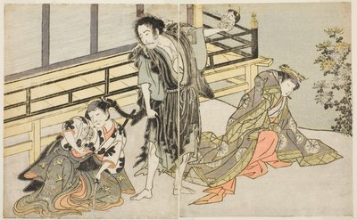 The Actors Nakamura Noshio I as Nyosan no Miya (right), Ichikawa Danjuro V as the Renegade Monk Yochin (center), and Yamashita Kinsaku II as the Maid Mutsuhana (left), in the Play Fuki Kaete Tsuki mo Yoshiwara, Performed at the Morita Theater in the Eleven 作： Katsukawa Shunsho