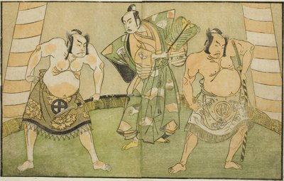 The Actors Nakamura Sukegoro II as Matano no Goro (right), Onoe Kikugoro I as Soga no Taro (center), and Otani Hiroji III as Kawazu no Saburo (left), in the Play Myoto-giku Izu no Kisewata, Performed at the Ichimura Theater in the Eleventh Month, 1770 作： Katsukawa Shunsho