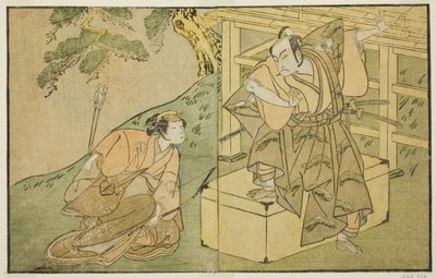 The Actors Onoe Matsusuke I as Akaboshi Taro (right), and Azuma Tozo II as Shirotae (left), in the Play Kono Hana Yotsugi no Hachi no Ki, Performed at the Ichimura Theater in the Eleventh Month, 1771 作： Katsukawa Shunsho
