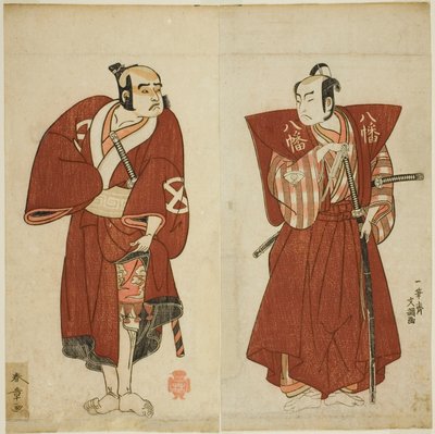 八幡三郎（右）役の初代尾上松介、役者大谷友右衛門役の役者（左）明戸菊伊豆の奇蹟、1770年11月、市村座で上演。 作： Katsukawa Shunsho