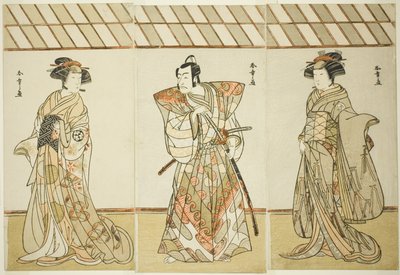 The Actors Onoe Tamizo I as Nishikigi (?) or Otae (?) (right), Ichikawa Danjuro V as Miura Heidayu Kunitae (?) (center), and Osagawa Tsuneyo II as Oyuki (?) (left), in the Play Date Nishiki Tsui no Yumitori (?), Performed at the Morita Theater (?) in the E 作： Katsukawa Shunsho