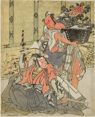The Actors Otani Hiroemon III as Shinagawa Okaminosuke (right), and Ichikawa Danjuro V as Arashishi Otokonosuke (left), in the Play Fuki Kaete Tsuki mo Yoshiwara (Rethatched Roof: The Moon also Shines Over the Yoshiwara Pleasure District), Performed at the 作： Katsukawa Shunsho