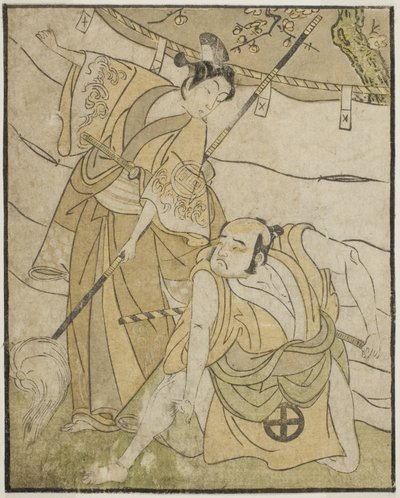 1770 年 11 月に市村座で上演された「明戸菊伊豆の奇蹟」の俳優、初代大谷友右衛門のえもへい（右）と二代佐野川市松の真田与一（左） 作： Katsukawa Shunsho