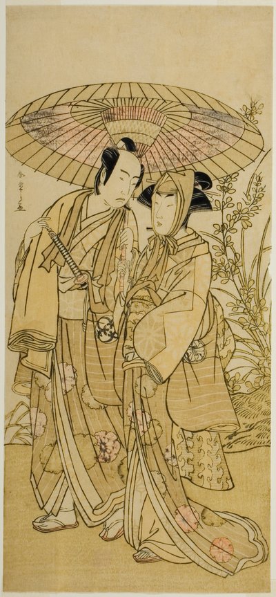 1781 年 4 月市村座で上演された劇「歌舞伎の花万代曽我」で、三代目瀬川菊之丞（右）お千代役、初代坂東光五郎（左）八百屋半兵衛 作： Katsukawa Shunsho