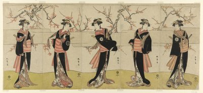 The Actors Segawa Kikunojo III as Karigane Obun, Nakayama Tomisaburo I as An no Oyasu, Iwai Kiyotaro II as Kaminari no Osha, Nakayama Tatezo I as Gokuin no Osen, and Ichikawa Monnosuke II as Hotei no Oichi (right to left), in "Gonin Onna," Scene One of the 作： Katsukawa Shunsho