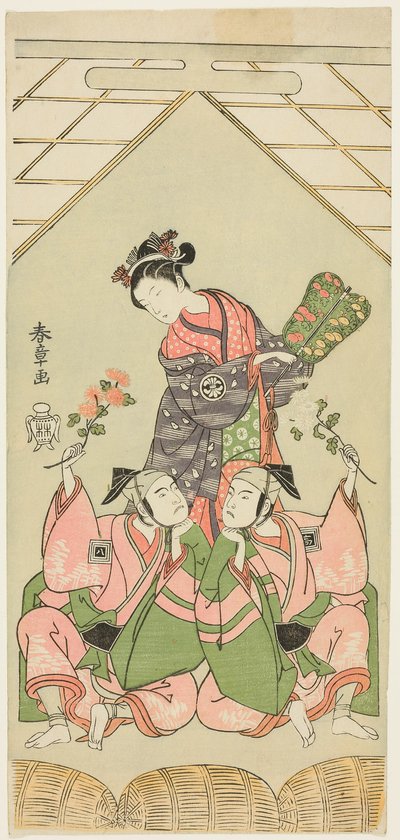 The Actors Segawa Kikunojo II as the Wet Nurse Reizei, Ichikawa Komazo I as Suruga no Hachiro in the Guise of the Shamisen Player Kichiroku (right), and Ichikawa Yaozo II as Tada no Kurando in the Guise of the Palanquin Bearer Kichinai (left), in the Scene 作： Katsukawa Shunsho
