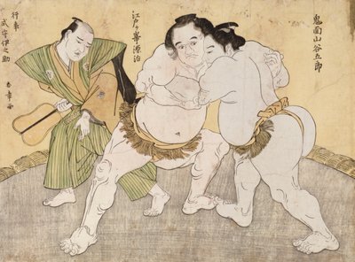 鬼面山谷五郎と江戸ヶ崎源治の相撲（錦絵） 作： Katsukawa Shunsho