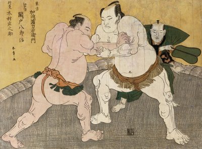 鬼面山谷五郎と江戸ヶ崎源治の相撲（錦絵） 作： Katsukawa Shunsho