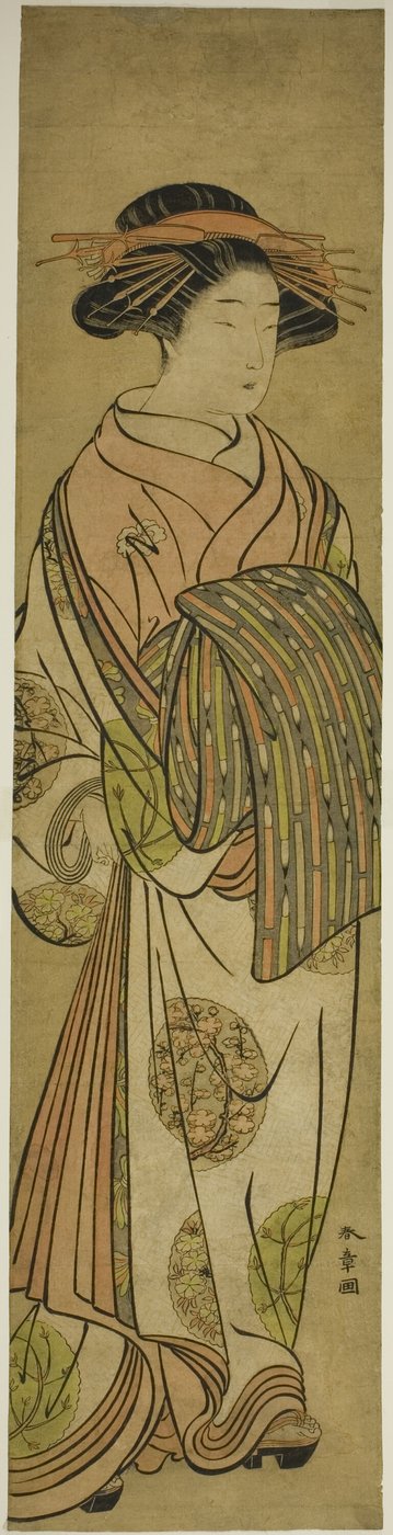 歩く花魁、鶴屋楽屋の菅原か 作： Katsukawa Shunsho