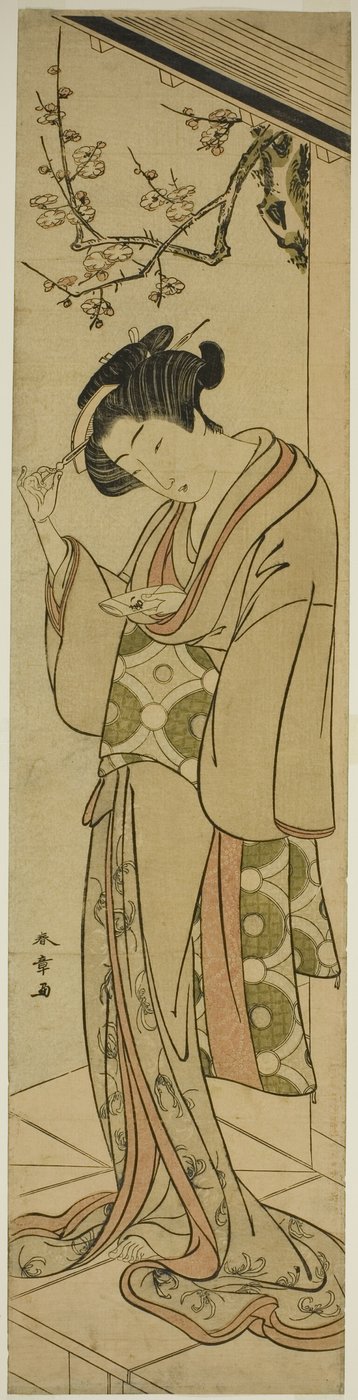 ラブレターを開こうとするベランダの女 作： Katsukawa Shunsho