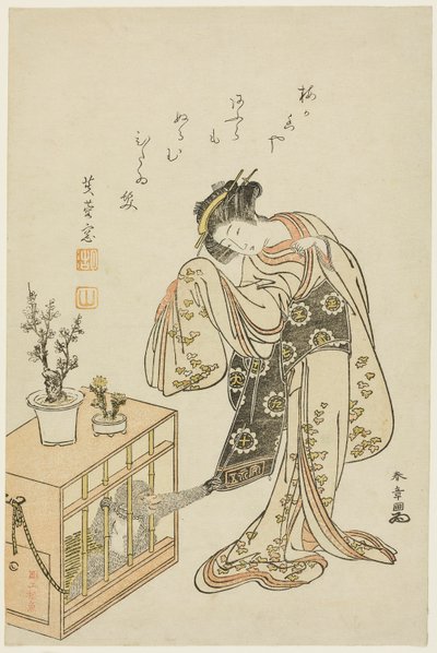 檻に入れられた猿を持つ若い女性 (1776 年新年のカレンダー印刷) 作： Katsukawa Shunsho