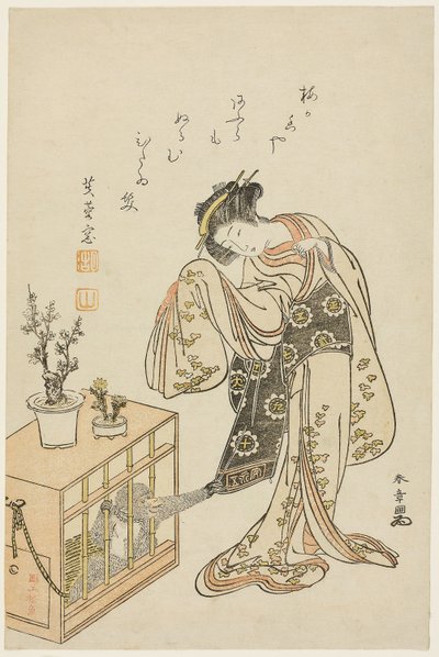 檻の中の猿を連れた若い女（1776年新年のカレンダー版画） 作： Katsukawa Shunsho