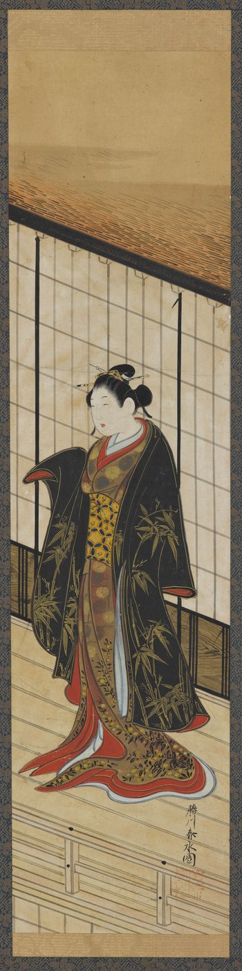 二階のバルコニーに立つ女性 江戸時代・18世紀中頃 作： Katsukawa Shunsui