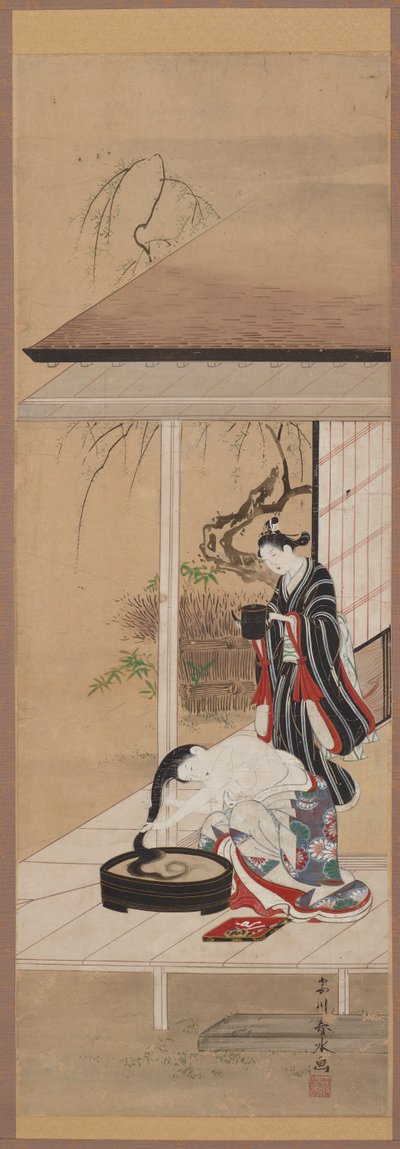 付き添いで髪を洗う女性、18世紀半ば。 作： Katsukawa Shunsui
