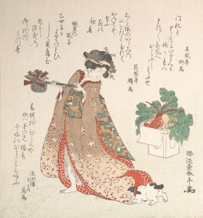 新年の儀式のためにワインポットを運ぶ若い女性、カリフォルニア州。 1815年。 作： Katsukawa Shuntei