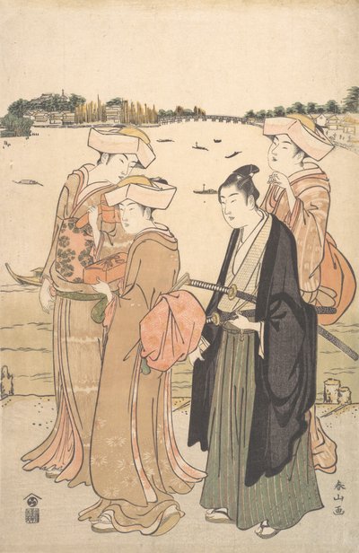 若いサムライと 3 人の女性, ca. 1789年。 作： Katsukawa Shunzan