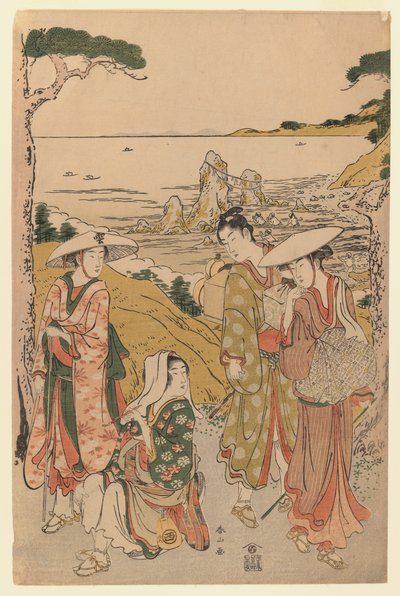 二見海水浴場の背後にある丘の茶屋の外にある江戸の巡礼者たち、1795年（色版画） 作： Katsukawa Shunzan