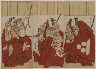 夜警に扮した四天王の卜部末武役の二代目市川門之助、碓氷貞光役の初代尾上松介、渡辺綱役の初代中村仲蔵 作： Katsukawa Shunzan