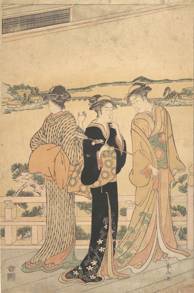 湾を見下ろすベランダの3人の女性 19世紀後半 作： Katsukawa Shunzan