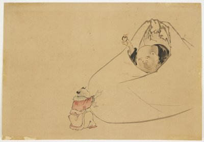 小さな男の子に燃えるような宝石を提供するホテイ、1850年頃（紙にインクと色） 作： Katsushika (school of) Hokusai