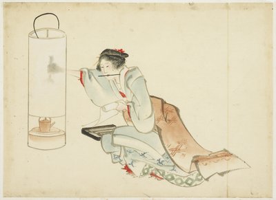 ランプを調整する女性、c.1815-1849（紙にインクと色） 作： Katsushika (school of) Hokusai