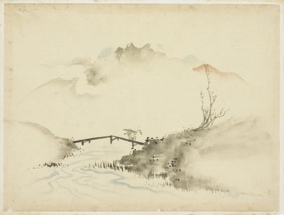 ファーマークロッシングブリッジのある風景、1615-1868（紙にインクと色） 作： Katsushika (school of) Hokusai