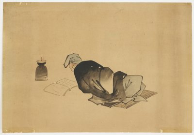 ランプライトによるリクライニングマンリーディング、ca。 1850年（紙にインクと色） 作： Katsushika (school of) Hokusai
