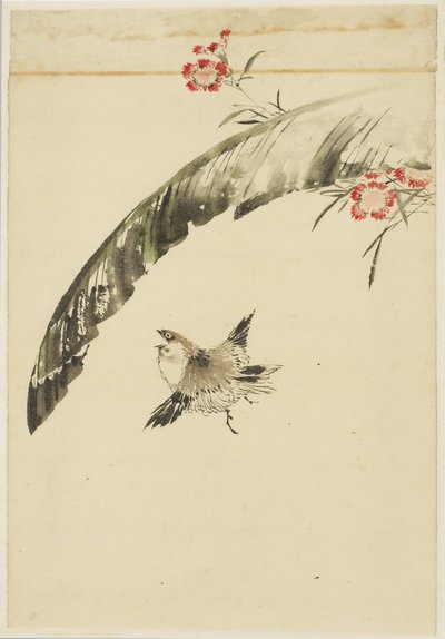 スズメとバナナの葉とピンク、1615-1868（紙にインクと色） 作： Katsushika (school of) Hokusai