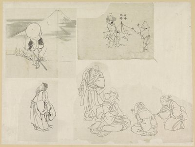 フィギュアが異なる4つのシーン 作： Katsushika Hokusai (possibly)