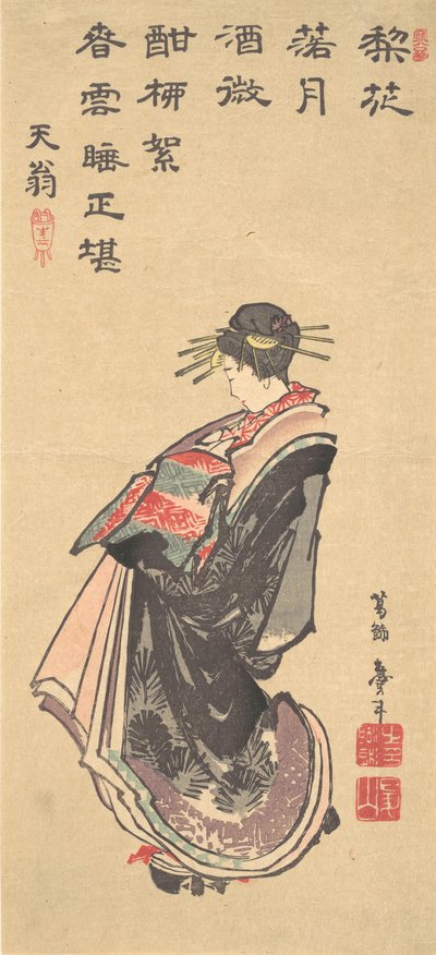 18 世紀後半から 19 世紀初頭にかけて、多くのローブをまとったパレードの娼婦。 作： Katsushika Hokusai