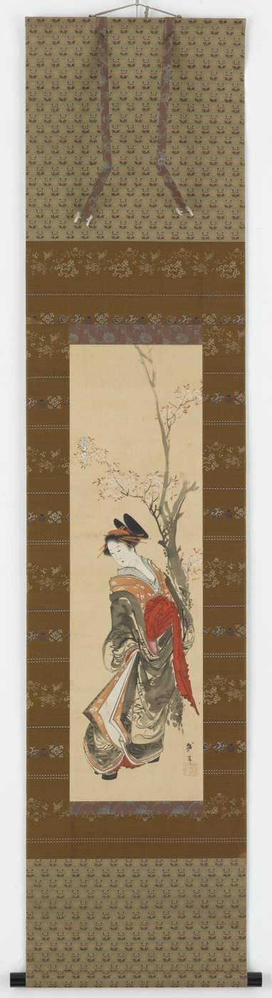 18世紀後半から19世紀初頭の桜の木の下の遊女。 作： Katsushika Hokusai