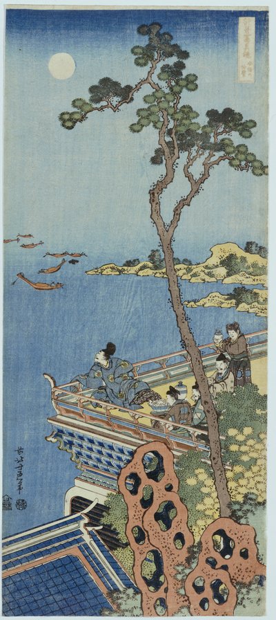 「中国と日本の詩の鏡」シリーズの月明かりに照らされた夜に遠くを見ている中国のパビリオンのバルコニーの廷臣 作： Katsushika Hokusai