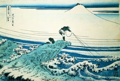 「甲斐の梶ヶ沢の岩の岬に立つ漁師」、シリーズ「富士山の36の景色」、パブ。 1830〜31年頃 作： Katsushika Hokusai