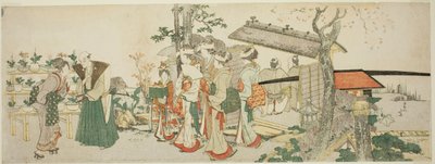 園芸家の庭に入る若い女性のグループ 作： Katsushika Hokusai