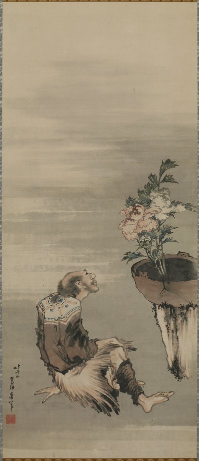 鉢植えの牡丹、江戸時代を見ている着席の男性（紙にインクと色） 作： Katsushika Hokusai