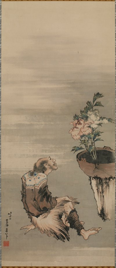 18世紀後半から19世紀初頭の鉢植えの牡丹を見ている座った男。 作： Katsushika Hokusai