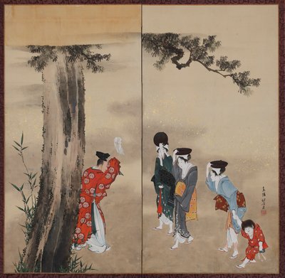 神職、三人の女と子供、江戸時代、約 1799-1801。 作： Katsushika Hokusai
