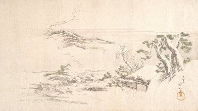 灰色の雲のある雪に覆われた風景、カリフォルニア州。 1800年。 作： Katsushika Hokusai