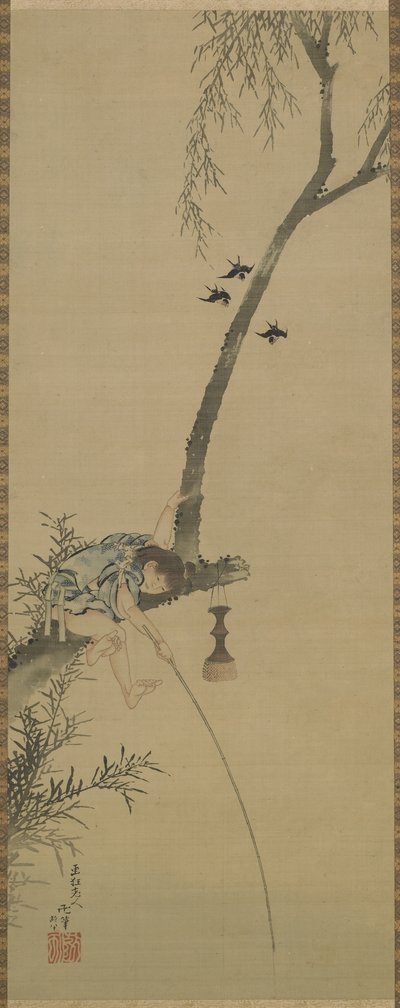 江戸時代の木こりで釣りをする少年（シルクパネルに墨と色合い） 作： Katsushika Hokusai
