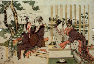 昔の雪の中の吾妻と与五郎。夕焼けのコママンとヨサク 作： Katsushika Hokusai