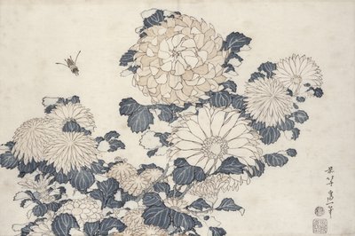 蜂と菊、「ビッグフラワー」シリーズ（木版画カラー） 作： Katsushika Hokusai