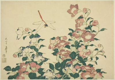 無題の大輪シリーズより ベルフラワーとトンボ 作： Katsushika Hokusai